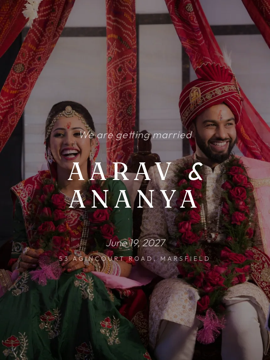 The Editorial Vermilion wedding website theme, shown as a complete wedding site
